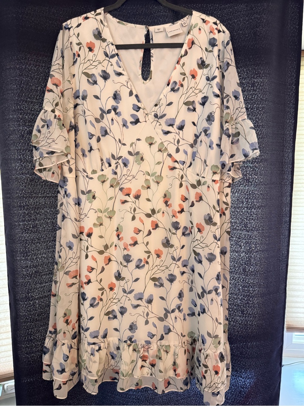Junarose Cream Midi Dress with Blue, Coral & Green Floral Print